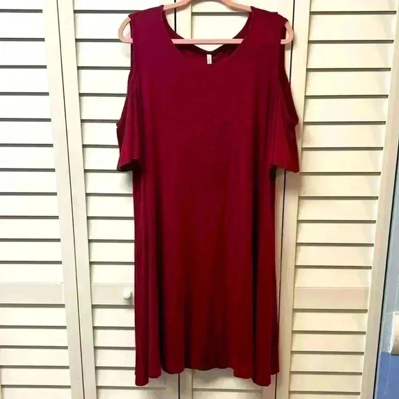 Longyuan Cold Shoulder Flutter Sleeve Swing Dress Burgundy Size 4XL NWT - Picture 1 of 5